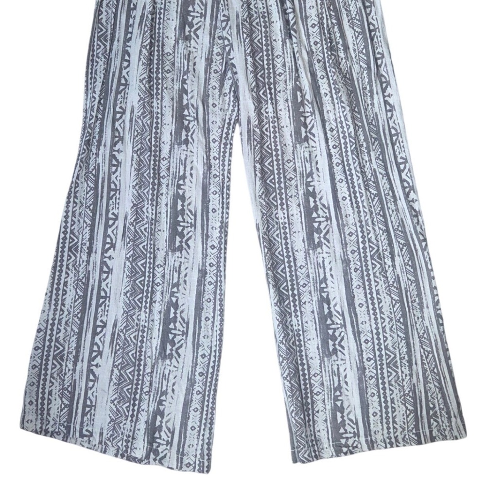 Tribal Print Linen Blend Wide Leg Smocked Waist Palazzo Pants Boho Grey Large - Picture 3 of 9